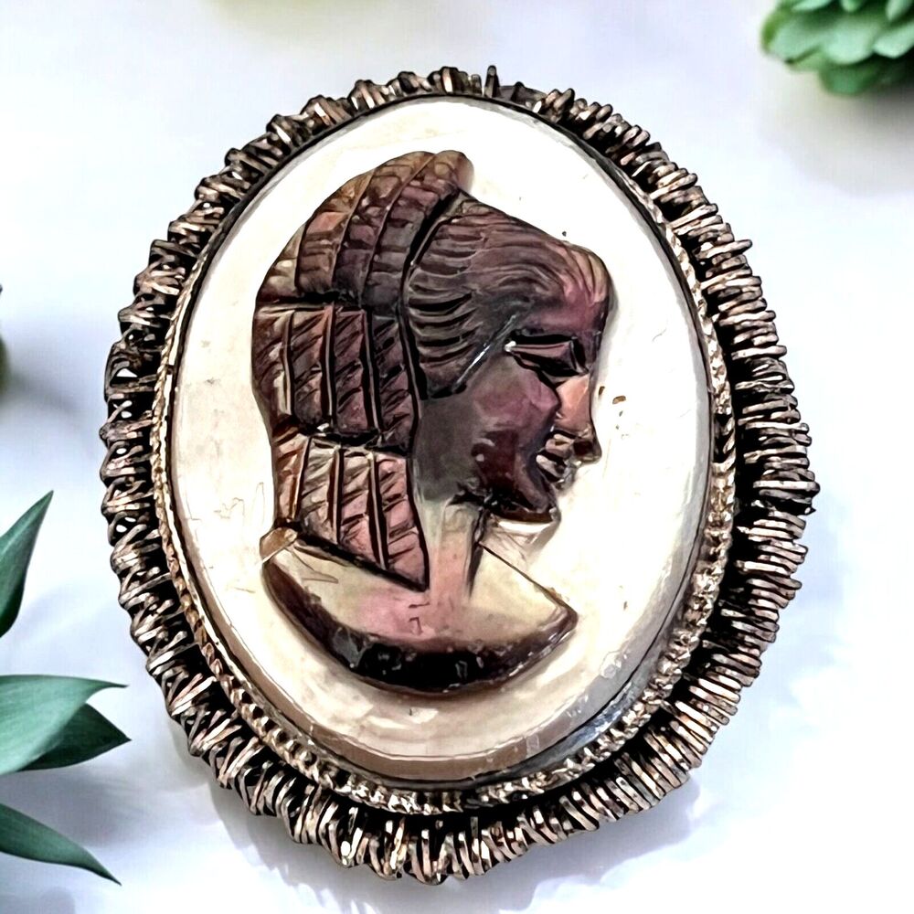 Vintage 1960s Cameo Brooch Pendant Abalone Shell Sterling Silver 925 - 8U
